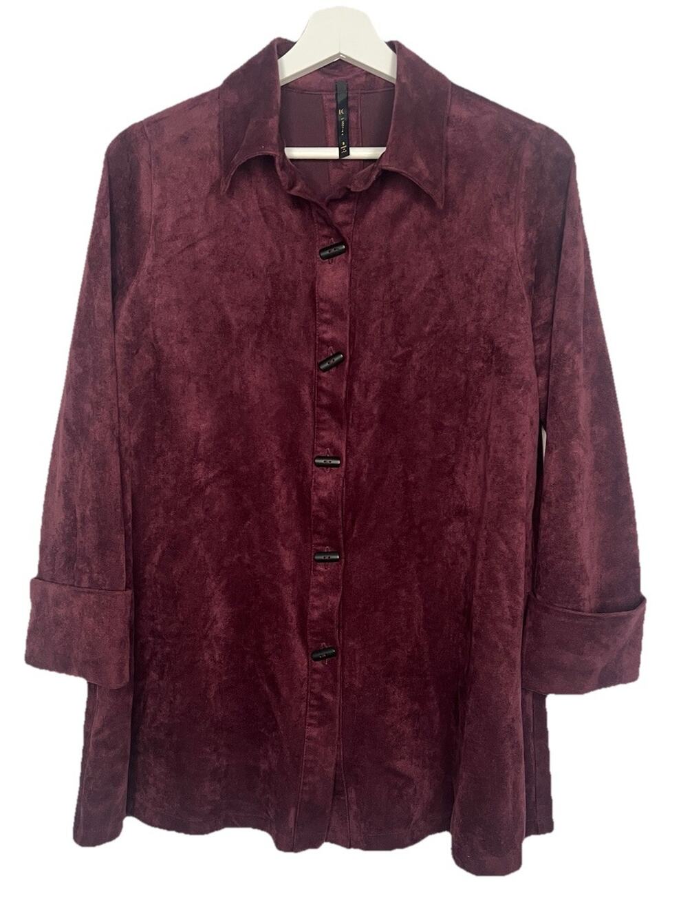 IC by Connie K Sz S Faux Suede Shirt Jacket Top Slit Longer Length Cuff Sleeve